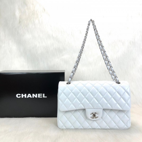 Chanel Flap Bag 3,55 Capitone Large Size White Silver