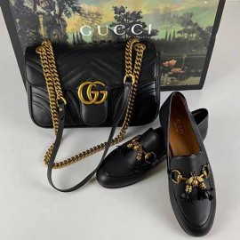 Gucci Jordaan Bee Interlocking Loafer 100% genuine leather women shoes