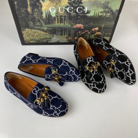 Gucci Jordaan Suede Bee Interlocking Loafer genuine suede leather women's shoes 