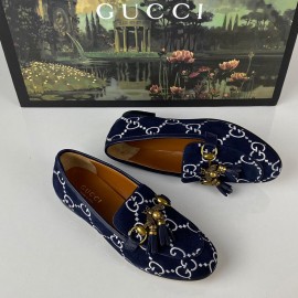 Gucci Jordaan Suede Bee Interlocking Loafer genuine suede leather women's shoes 