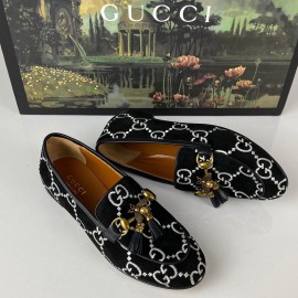 Gucci Jordaan Suede Bee Interlocking Loafer genuine suede leather women's shoes 