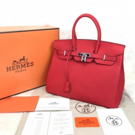 Hermes Birkin Genuine Leather Red 35 Cm Silver