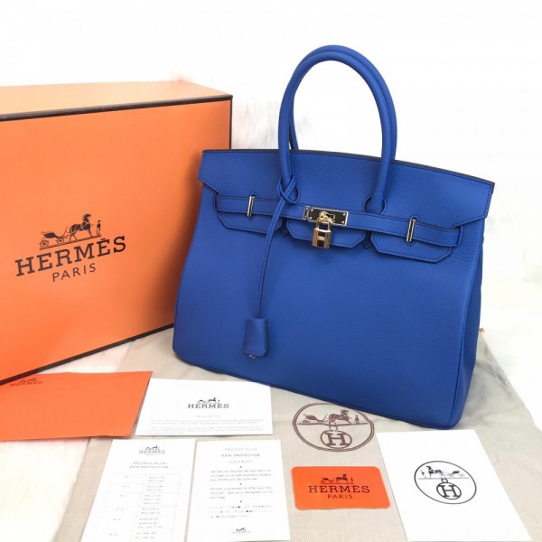 Hermes Birkin Genuine Leather Blue 35 Cm Gold 