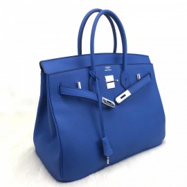 Hermes Birkin Genuine Leather Blue 35 Cm Silver