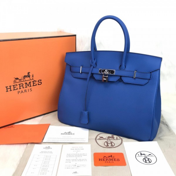 Hermes Birkin Genuine Leather Blue 35 Cm Silver