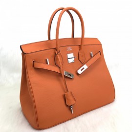 Hermes Birkin Genuine Leather Orange 35 Cm Silver