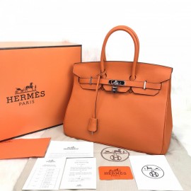 Hermes Birkin Genuine Leather Orange 35 Cm Silver