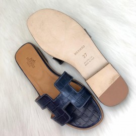 Hermes Oran Sandals Crocodile Navy Blue Slippers 