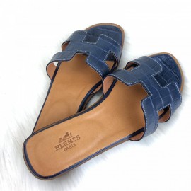 Hermes Oran Sandals Crocodile Navy Blue Slippers 