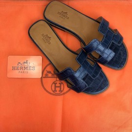 Hermes Oran Sandals Crocodile Navy Blue Slippers 