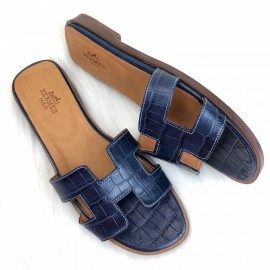 Hermes Oran Sandals Crocodile Navy Blue Slippers 