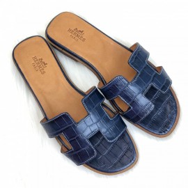 Hermes Oran Sandals Crocodile Navy Blue Slippers 