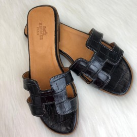 Hermes Oran Sandals Croco Black Slippers 