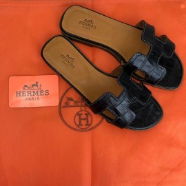 Hermes Oran Sandals Croco Black Slippers 