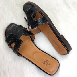 Hermes Oran Sandals Croco Black Slippers 