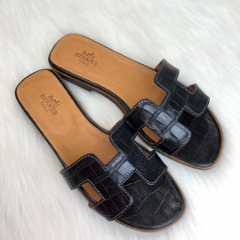 Hermes Oran Sandals Croco Black Slippers 