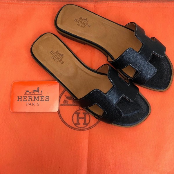 Hermes Oran Sandals Black Slippers 