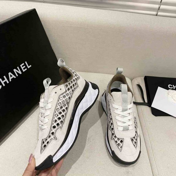 Chanel Trainers Ecru Suede Calfskin & Embroidery White