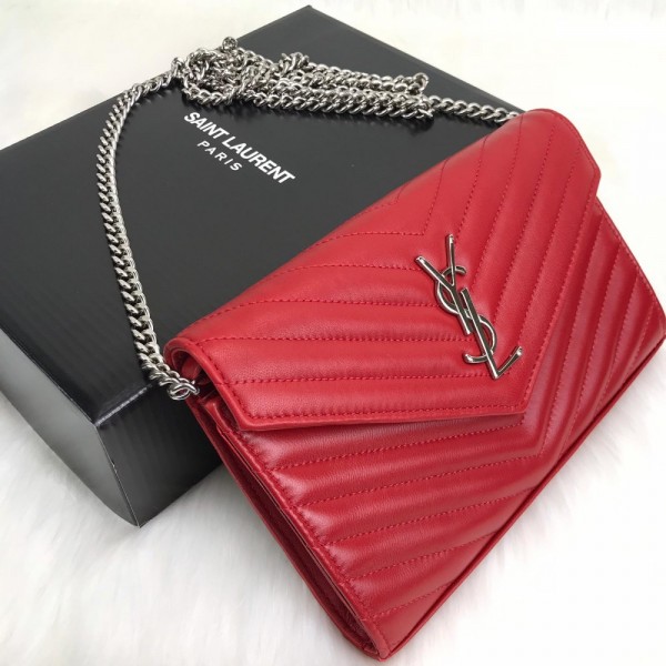 Yves Saint Laurent (ysl) Quilted Shoulder Bag Red Silver