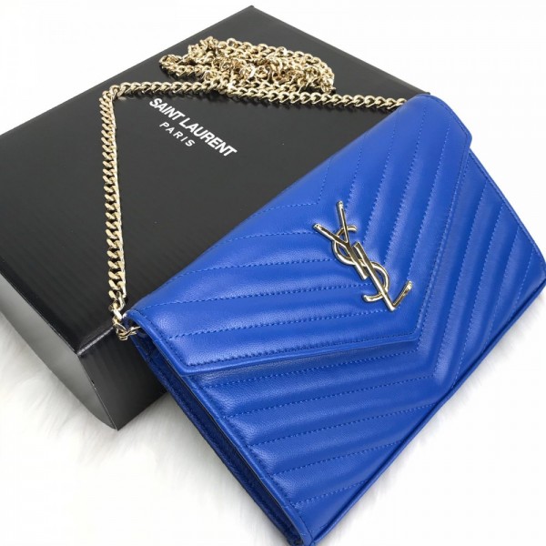 Yves Saint Laurent (ysl) Quilted Shoulder Bag Blue Gold